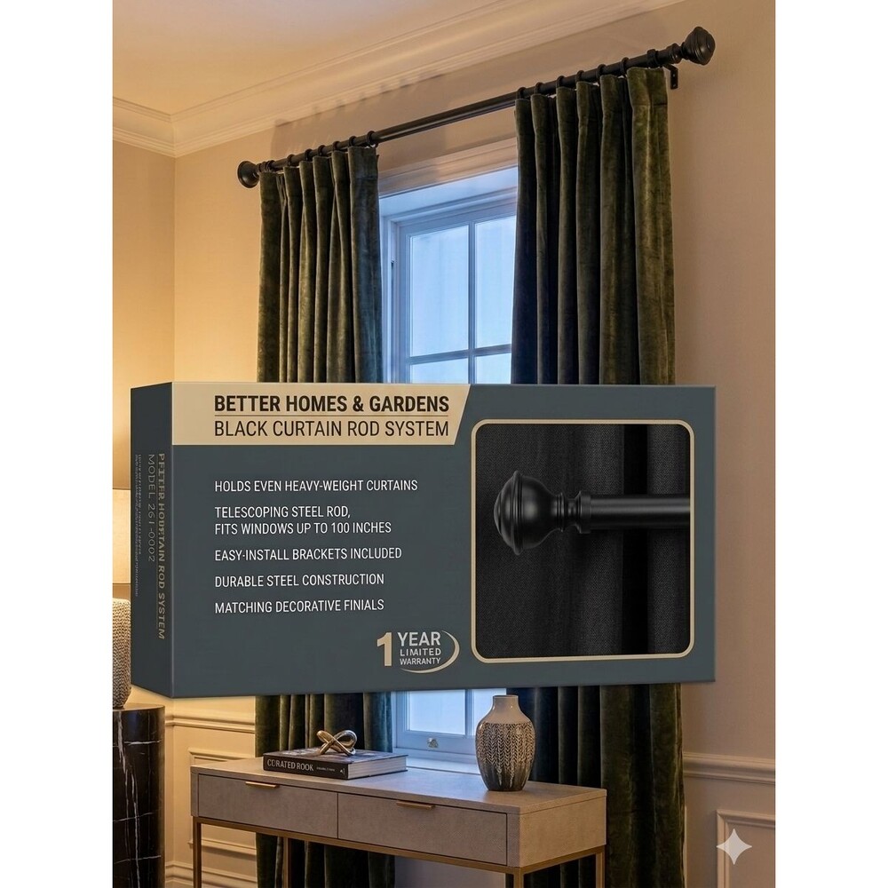 Better Homes & Gardens Curtain Rod Set 48–84" – Decorative Window Rod – New